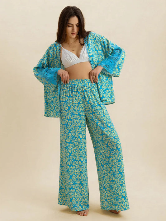 Open Front Printed Top and Pants Set - Tigbul's Variety Fashion Shop