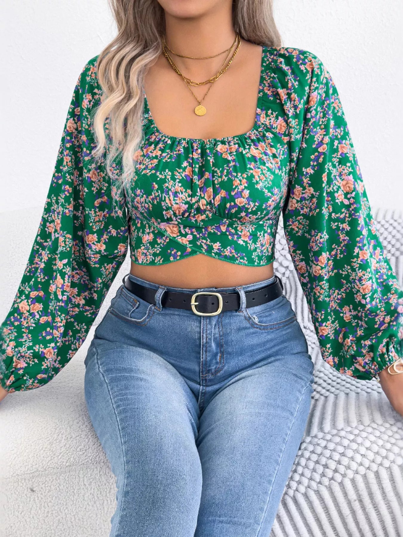 Floral Balloon Sleeve Square Neck Crop Blouse - Tigbul's Variety Fashion Shop