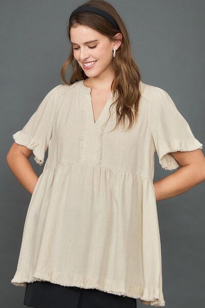 Beige Raw Hem Notched Babydoll Linen Blouse - Tigbul's Variety Fashion Shop