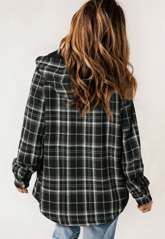 Plaid Button Up Long Sleeve Hooded Jacket - Tigbul's Variety Fashion Shop