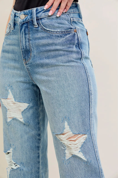 Judy Blue Full Size High Waist  Rigid Magic Star Shaped Destroy 90's Straight Jeans Plus Size - Tigbul's Variety Fashion Shop
