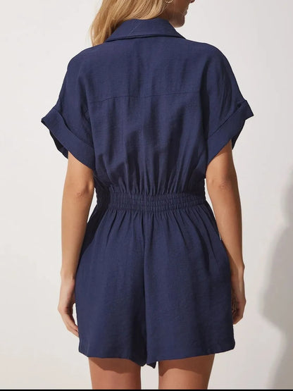 Johnny Collar Short Sleeve Romper - Tigbul's Variety Fashion Shop