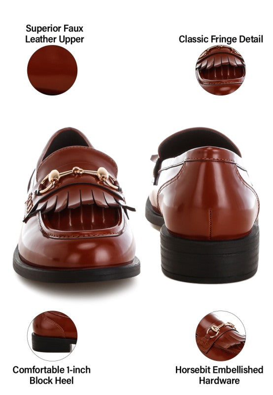 Cognac loafer back view with horsebit hardware, fringe trim, 1-inch block heel