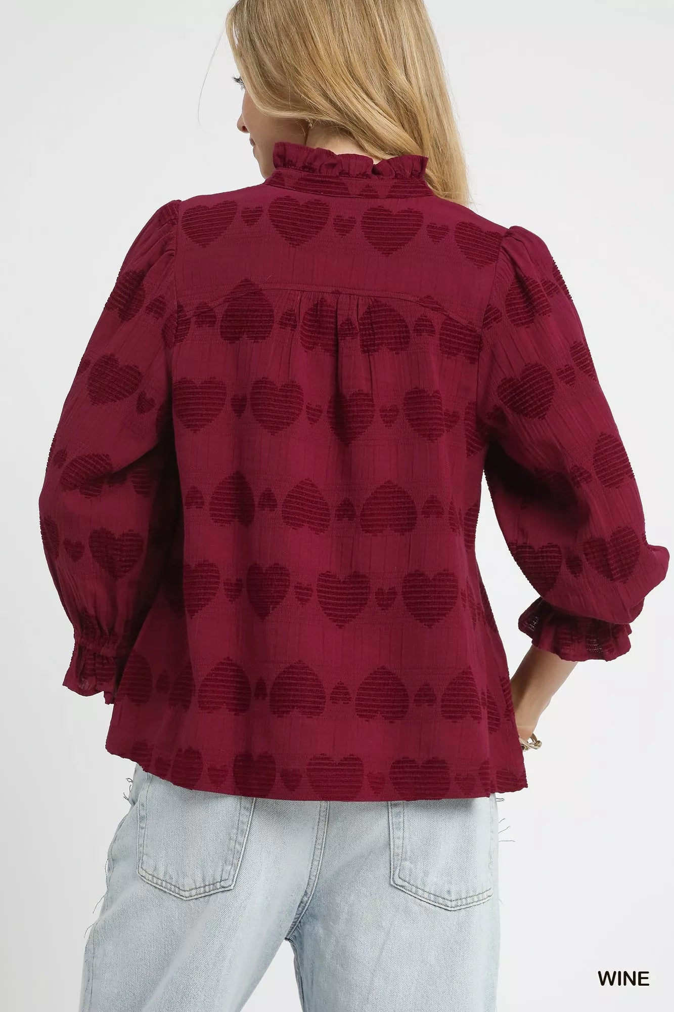 Umgee Heart Jacquard Ruffle Trim Shirt - Tigbul's Variety Fashion Shop