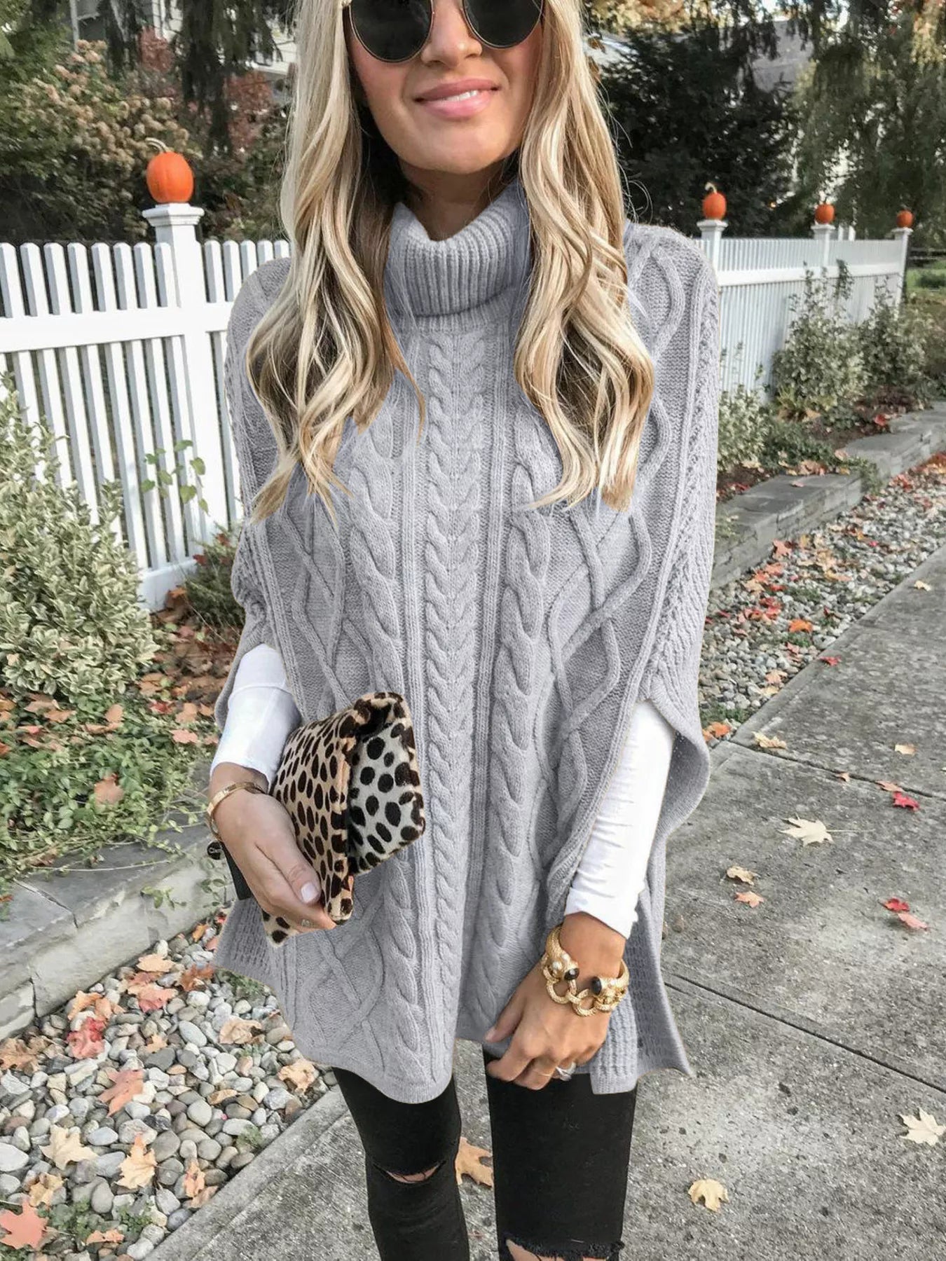 Chunky Cable Knit Turtleneck Poncho Cover Up - Tigbul's Variety Fashion Shop