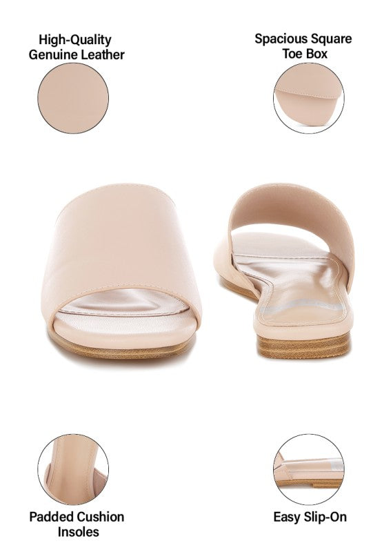 Beige leather flats, padded insoles, open square toe box, slip-on style