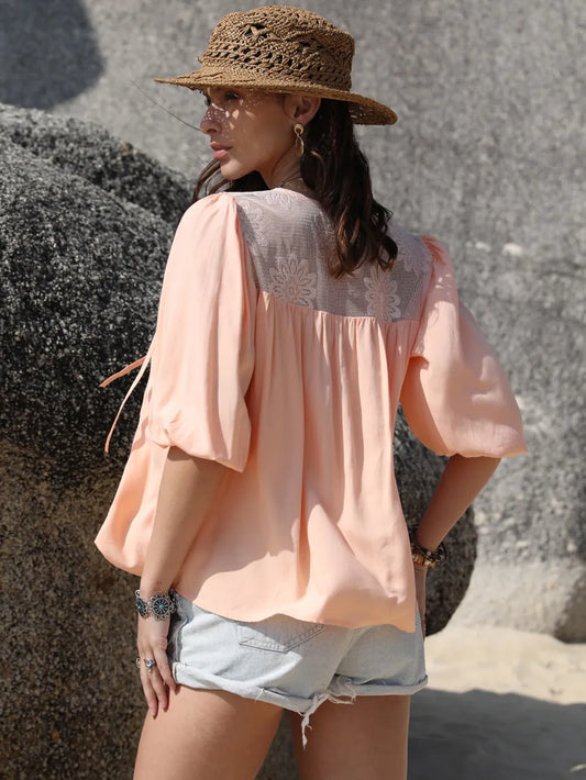 Tie Neck Half Sleeve Blouse - Tigbul's Variety Fashion Shop