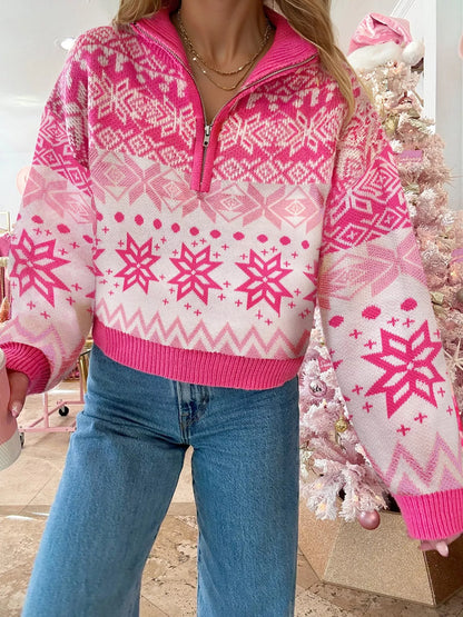 Christmas Snowflake Quarter Zip Collard Sweater - Tigbul's Variety Fashion Shop