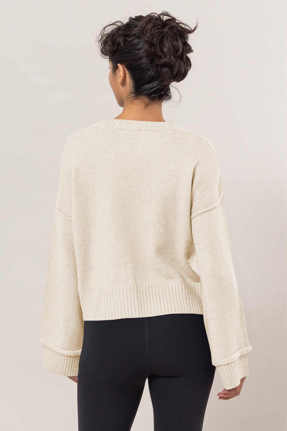 Round Neck Dropped Shoulder Ribbed Sweater In Cream - Tigbul's Variety Fashion Shop