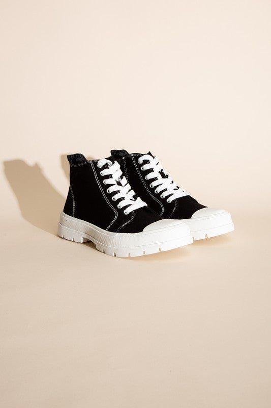 Black and White Canvas Lace Up High-Top Chunky Sneakers - Tigbuls Variety Fashion