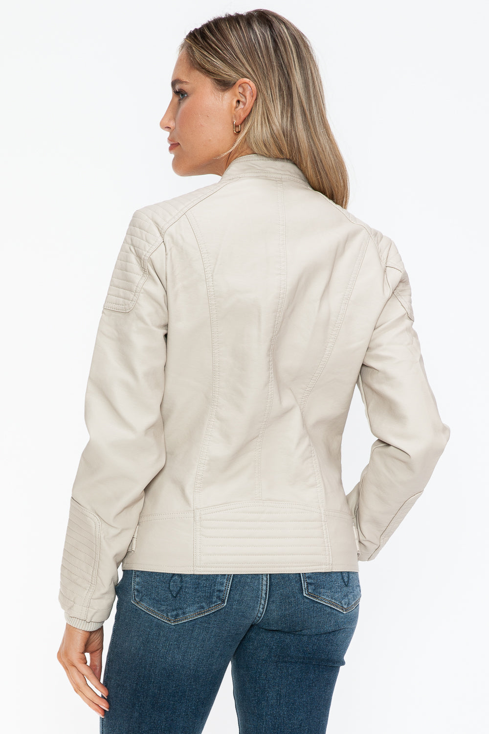 Sand Color Faux Leather Biker Jacket with Side Zip Pockets