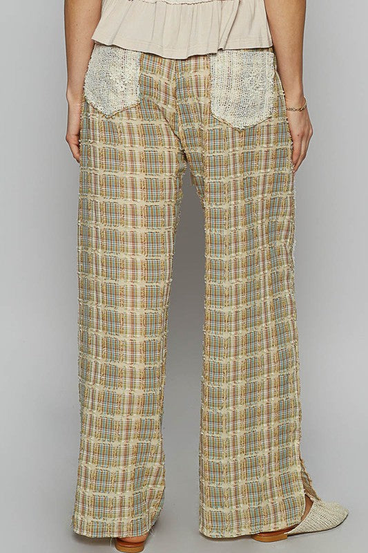 Lace Trim Drawstring Checkered Wide Leg Pants - Tigbul's Variety Fashion Shop