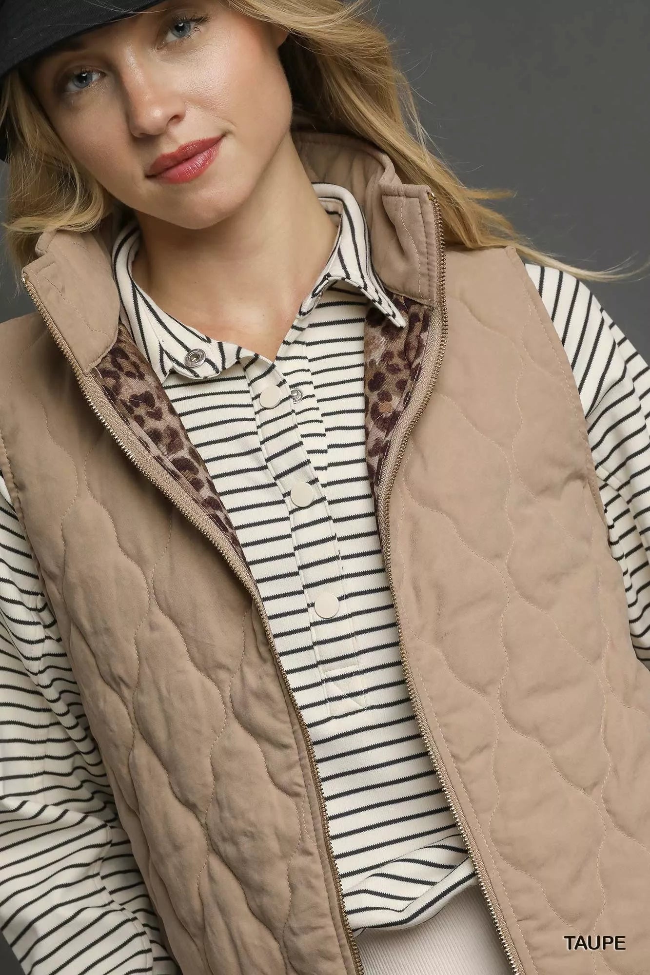 Taupe Color Quilted Zip-Up Vest - Tigbul's Variety Fashion Shop