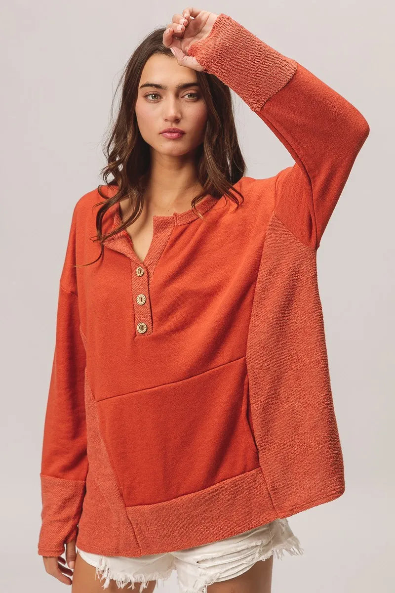BiBi French Terry Knit Side Block Buttoned Henley Top - Tigbul's Variety Fashion Shop