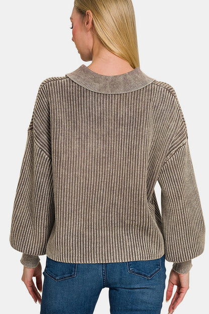 Zenana Washed Half Button Long Sleeve Sweater - Tigbul's Variety Fashion Shop