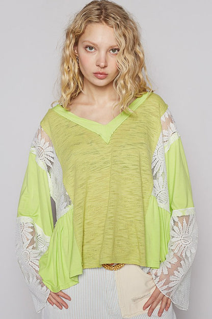 POL Lace Detail V-Neck Flare Sleeve Blouse - Tigbul's Variety Fashion Shop