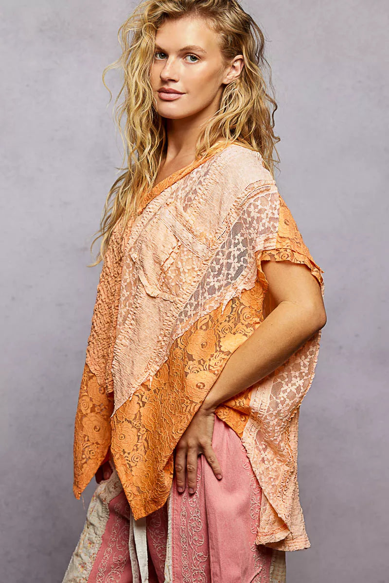 POL Asymmetrical V-Neck Short Sleeve Lace Top - Tigbul's Variety Fashion Shop