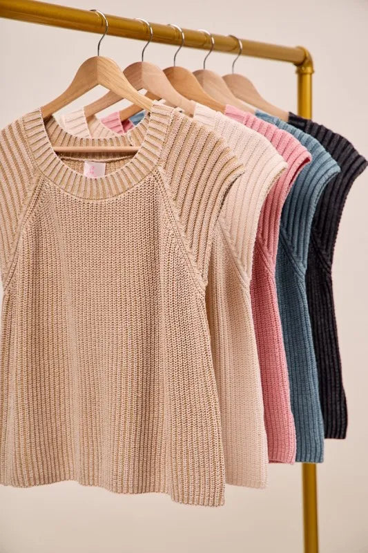 Taupe Mineral Washed Raglan Sleeveless Sweater Top - Tigbul's Variety Fashion Shop