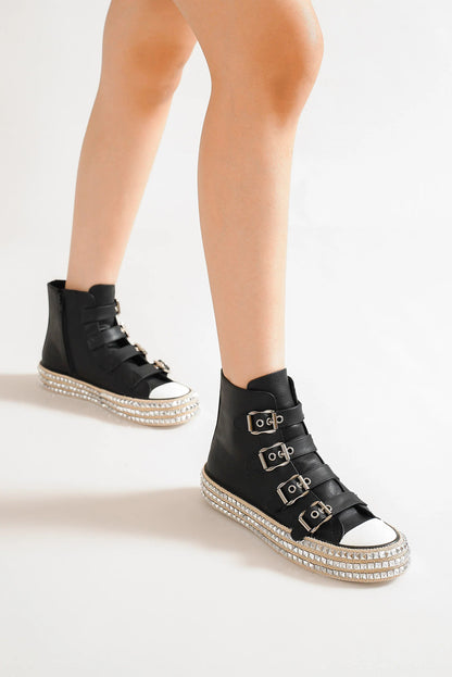 Black Multi-Buckle Straps Studded Platform Sneakers