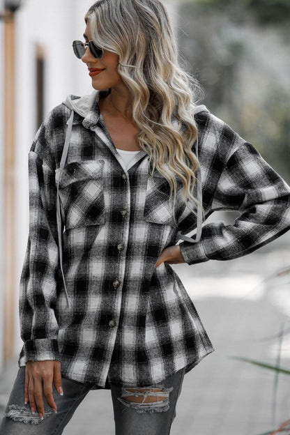 Double Take Drawstring Plaid Long Sleeve Hooded Shacket - Tigbul's Variety Fashion Shop