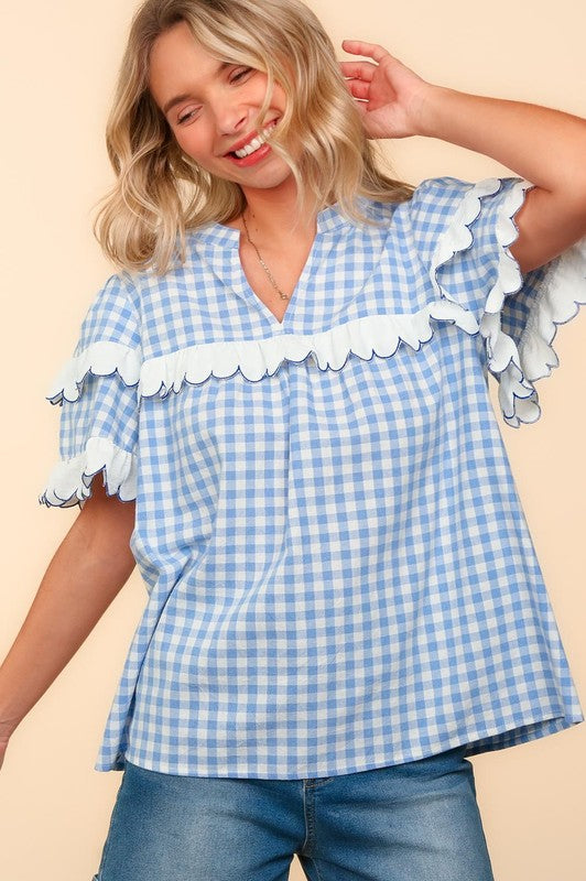 Haptics Full Size Plaid Scallop Hem Notched Short Sleeve Blouse - Tigbul's Variety Fashion Shop