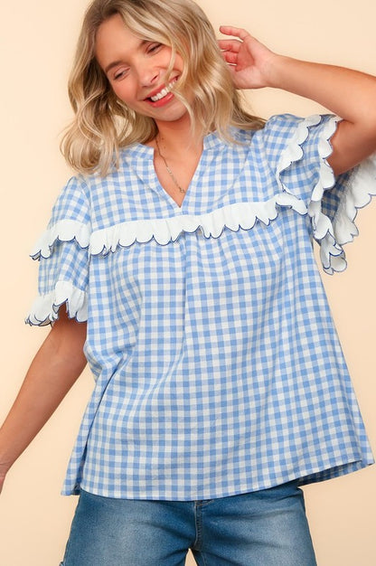 Haptics Full Size Plaid Scallop Hem Notched Short Sleeve Blouse - Tigbul's Variety Fashion Shop