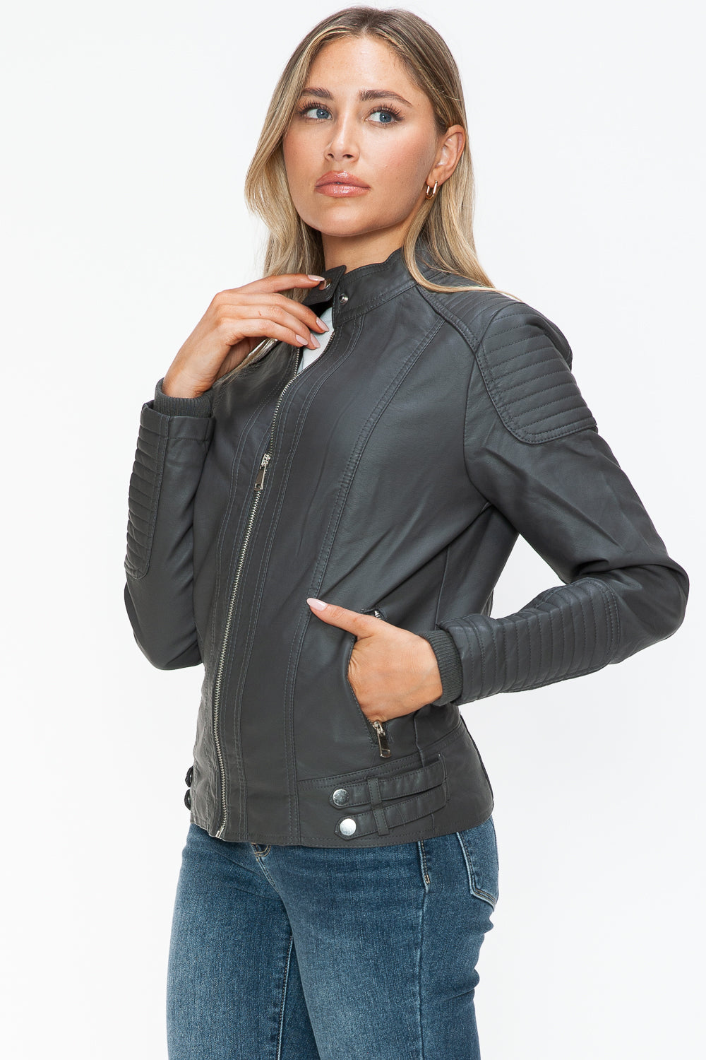 Charcoal Faux Leather Biker Jacket with Side Zip Pockets