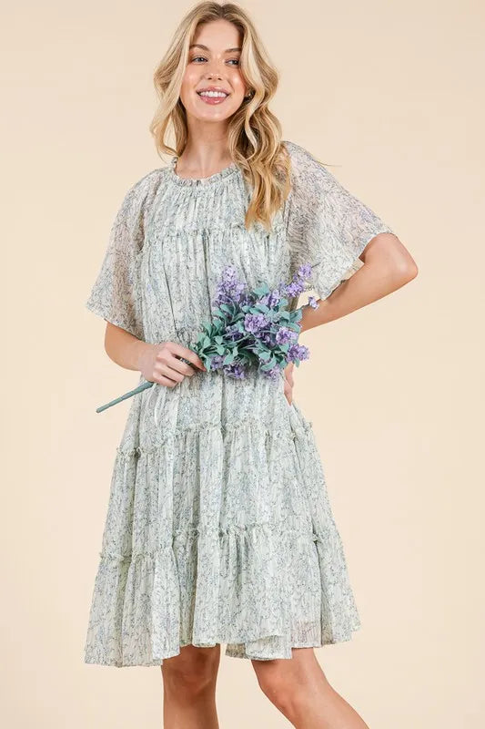 Lime 'N' Chili Ditsy Floral Print Sheer Ruffle Detail Mini Dress - Tigbul's Variety Fashion Shop