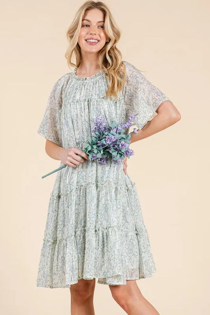 Lime 'N' Chili Ditsy Floral Print Sheer Ruffle Detail Mini Dress - Tigbul's Variety Fashion Shop