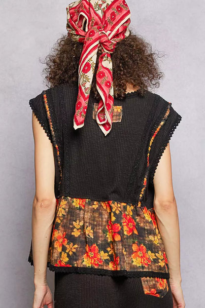 POL Lace Detail Floral Cropped Ruffled Top - Tigbul's Variety Fashion Shop