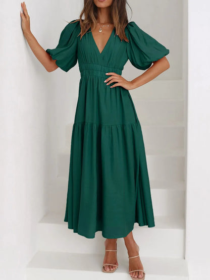 V-Neck Puff Sleeve Midi Dress - Tigbul's Variety Fashion Shop