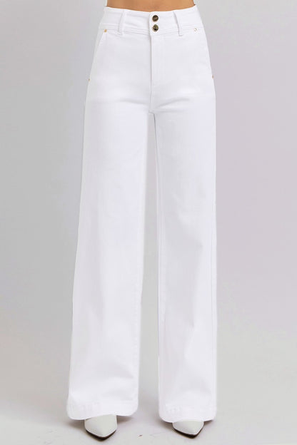 White Tummy Control Double Button Wide Leg Jeans Small-3XL - Tigbul's Variety Fashion Shop