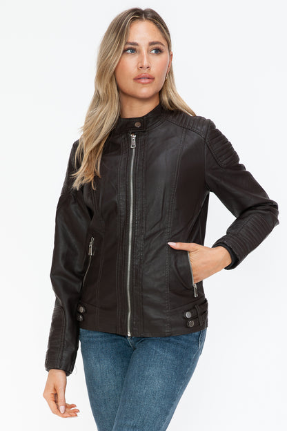 Chocolate Faux Leather Biker Jacket with Side Zip Pockets