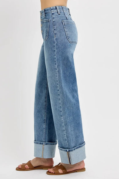 RISEN High Rise Ankle Wide Button Patch Pocket Cuffed Jeans - Tigbul's Variety Fashion Shop