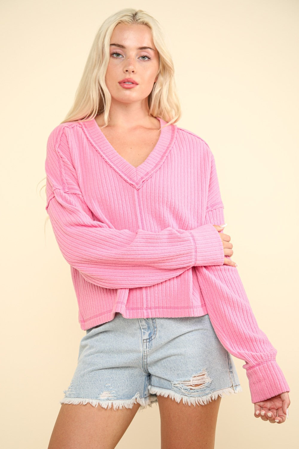 VERY J Exposed Seam V-Neck Ribbed Knit Top - Tigbul's Variety Fashion Shop