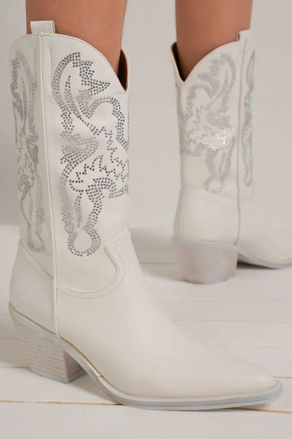 White Rhinestone Detail Point Toe Boots - Tigbul's Variety Fashion Shop