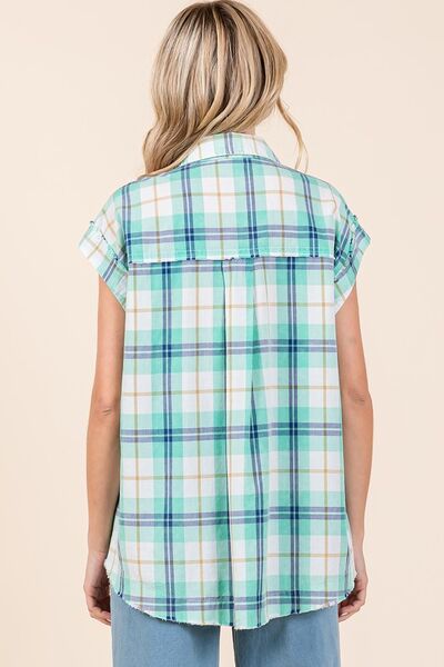 Turquoise Mineral Wash Plaid Button Down Shirt - Tigbul's Variety Fashion Shop