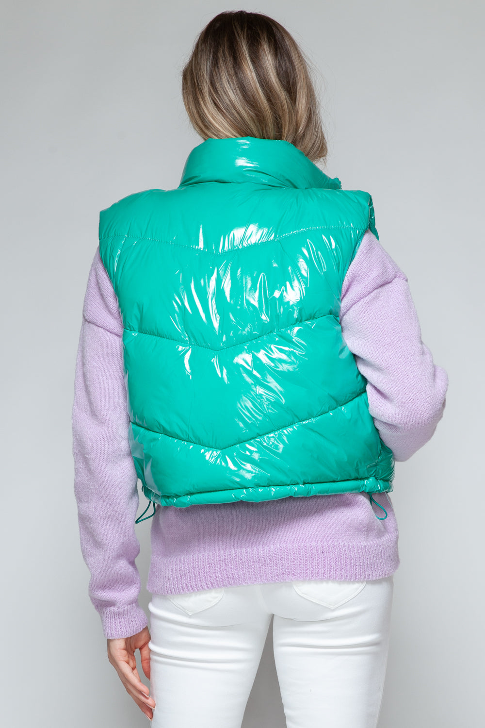 Green Zip Up Turtleneck Shiny Quilted Vest - Tigbul's Variety Fashion Shop