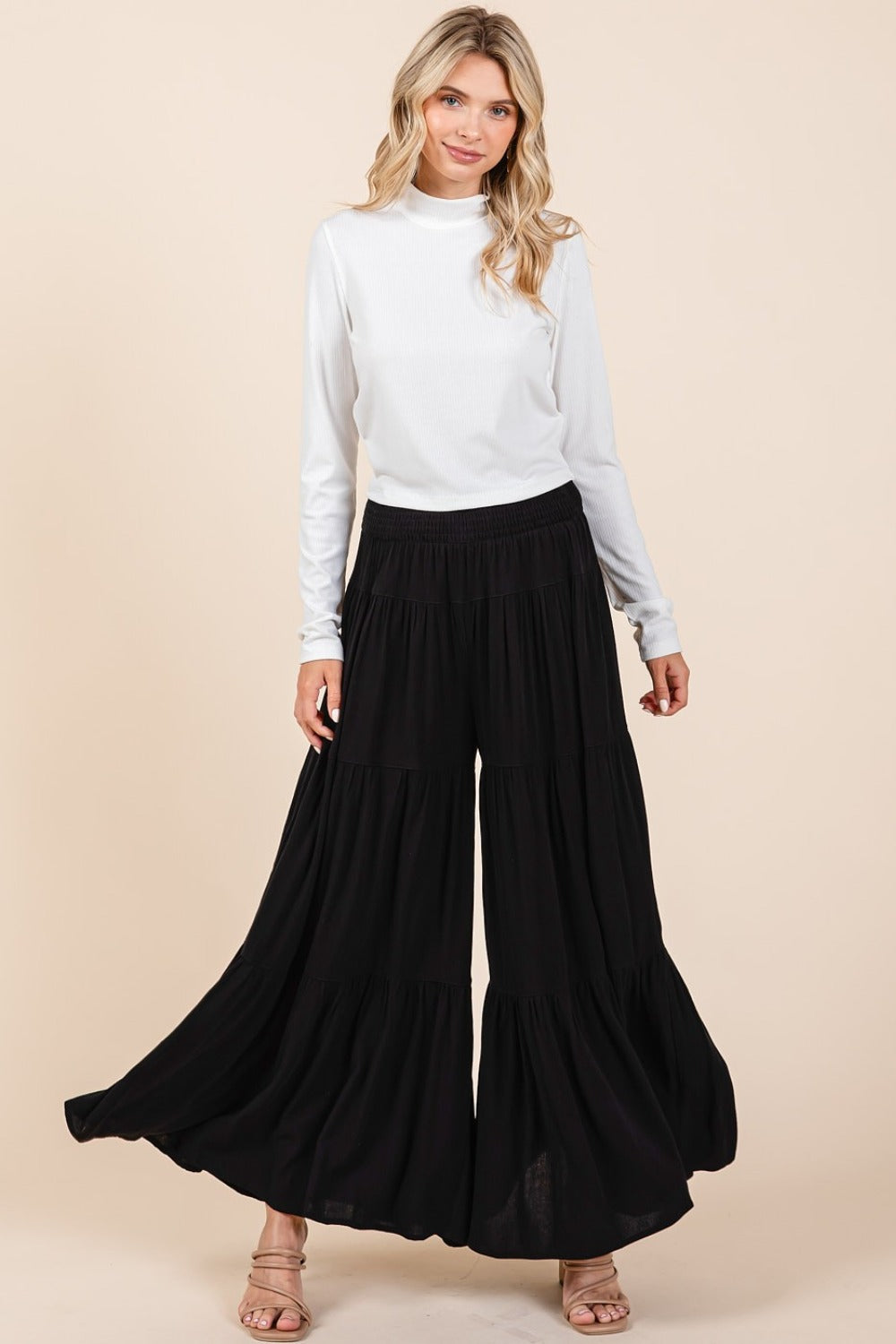 Mittoshop Tier Detail Smocked Elastic Waist Wide Leg Pants - Tigbul's Variety Fashion Shop