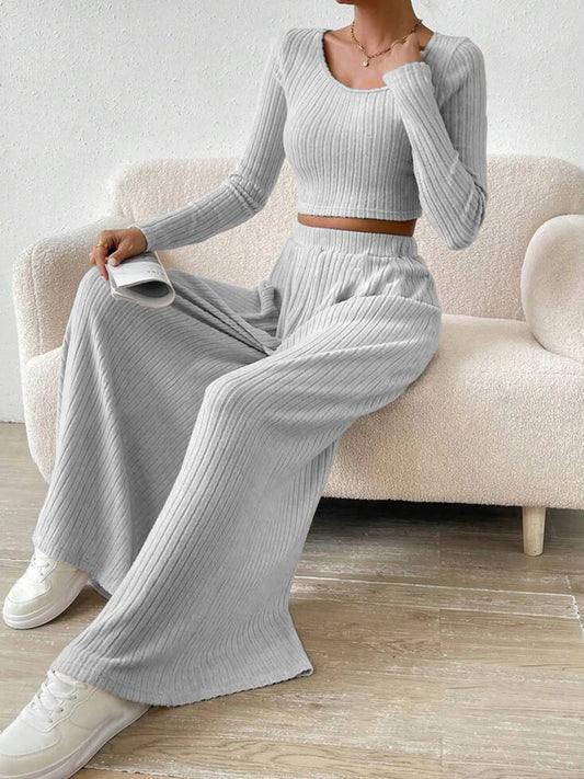 Ribbed Knit Crop Top and Wide Leg Pants Set - Tigbul's Variety Fashion Shop
