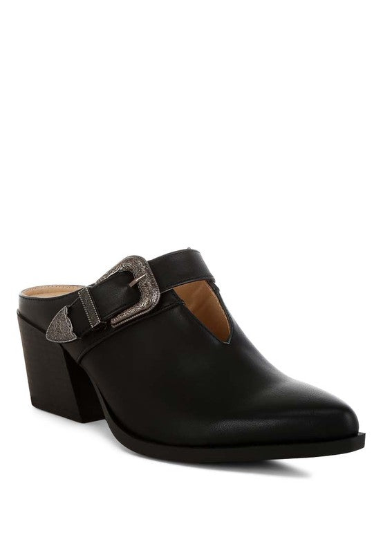 Holler Carved Buckle Statement Mules - Tigbul's Variety Fashion Shop