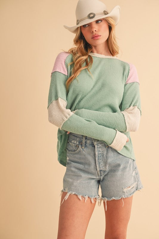 Raw Seam Color Block Round Neck Knit Top - Tigbul's Variety Fashion Shop