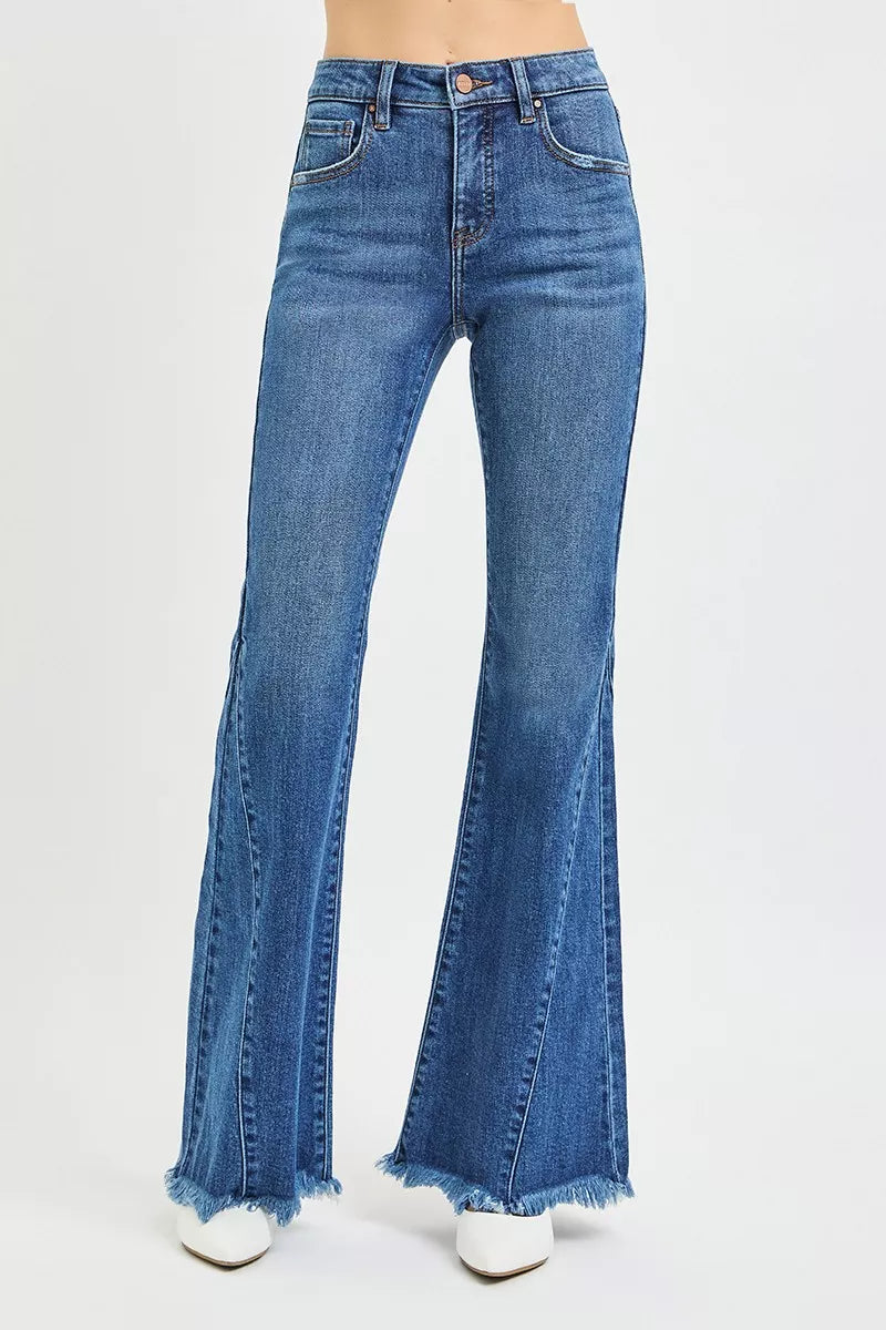 Front view mid-rise flare jeans, dark wash denim with raw frayed hem