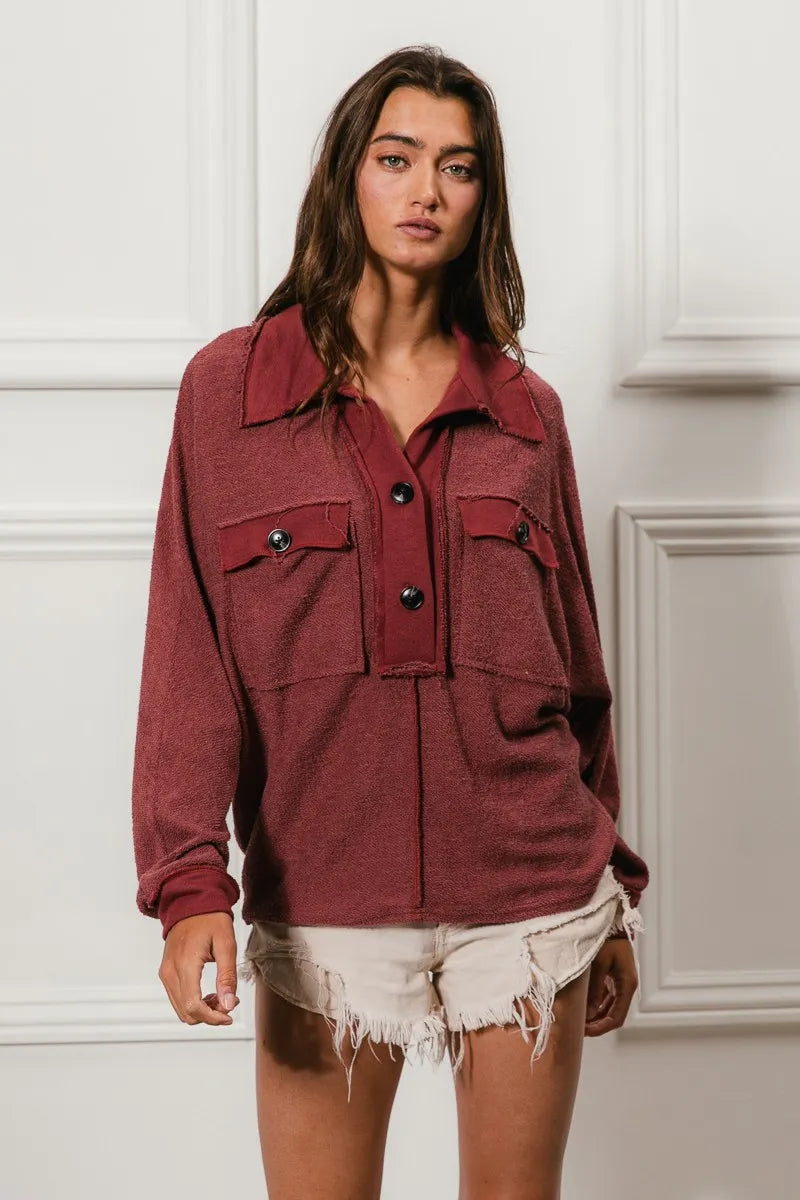 BiBi Cp French Terry Cut Edge Detail Collared Top - Tigbul's Variety Fashion Shop
