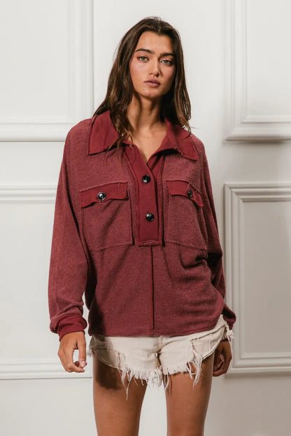 BiBi Cp French Terry Cut Edge Detail Collared Top - Tigbul's Variety Fashion Shop