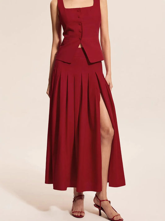 Square Neck Tank and Pleated Slit Skirt Set - Tigbul's Variety Fashion Shop
