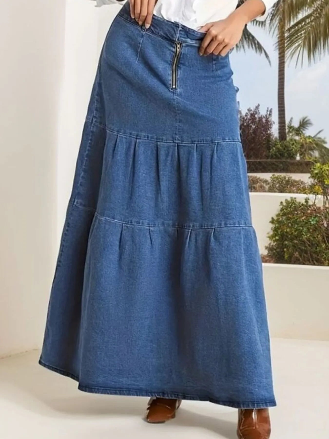Tiered Maxi Denim Skirt with Zipper Detail - Tigbul's Variety Fashion Shop