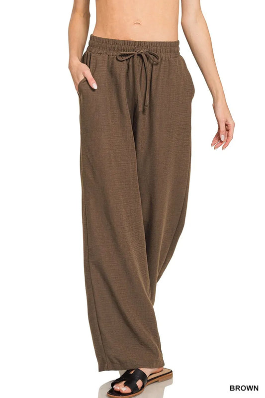 Zenana Woven Crepe Elastic Band Pants - Tigbul's Variety Fashion Shop