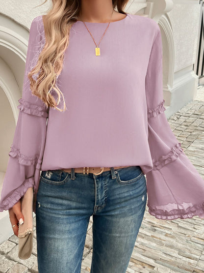 Devine Frill Round Neck Long Sleeve Top - Tigbul's Variety Fashion Shop