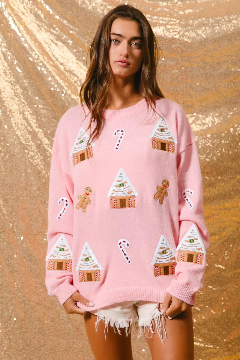 Light Pink Christmas Theme Patches Sweater | Tigbuls